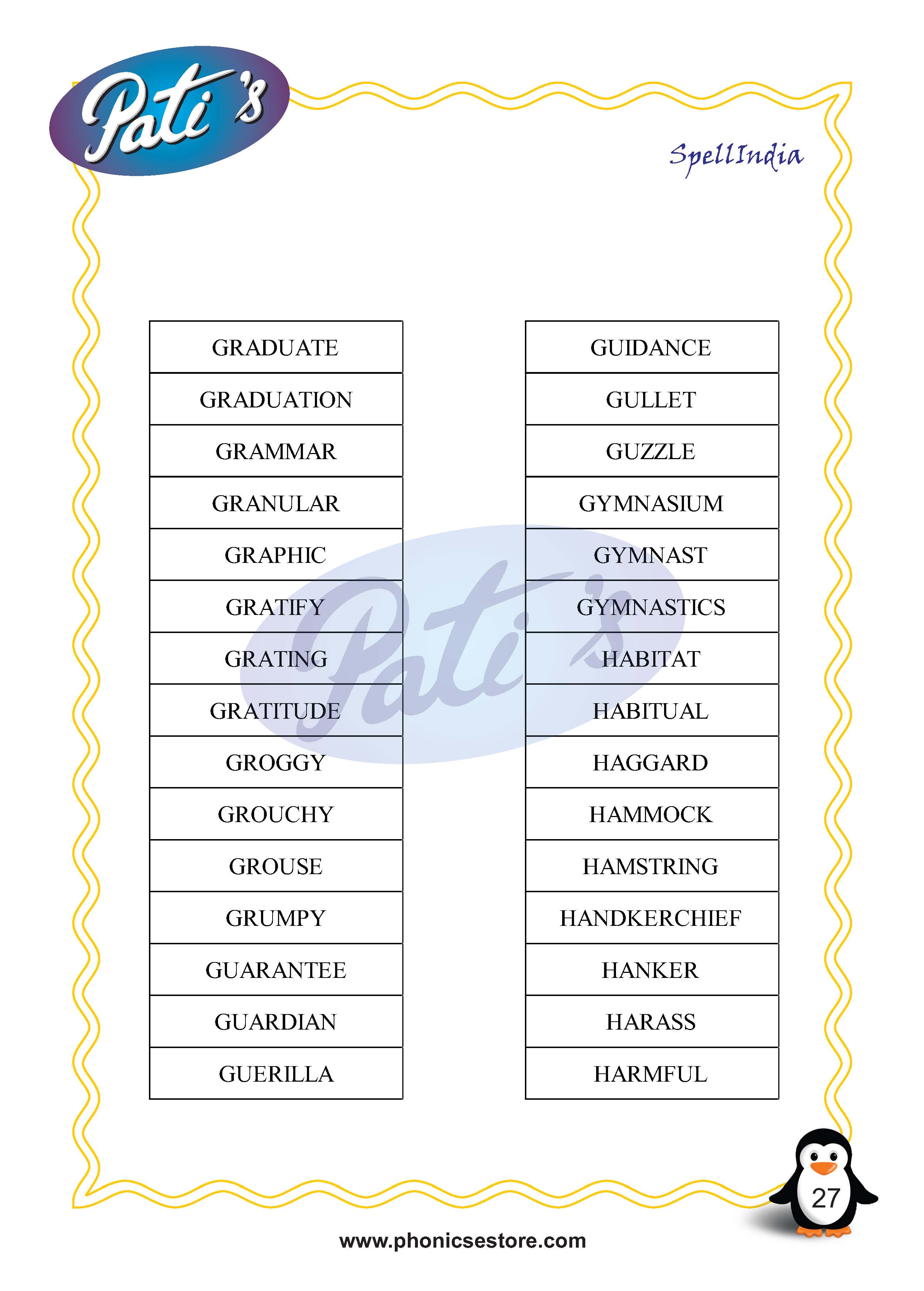 Pati Spelling Bee word list Class 5 Grade 5